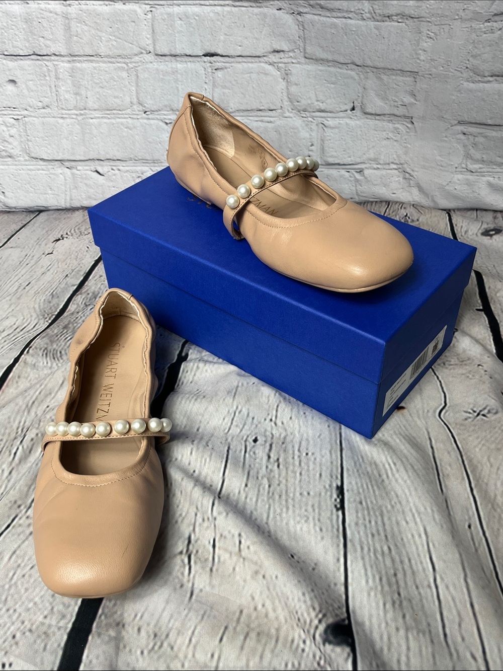 Stuart Weitzman Blush Pearl-Strap Ballet Flats